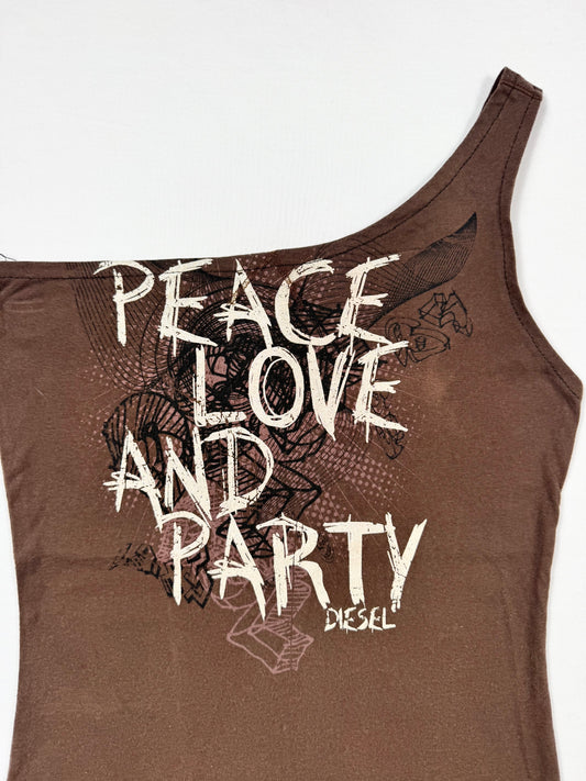 Diesel “Peace Love & Party” Brown One Shoulder Tank ♡ XS