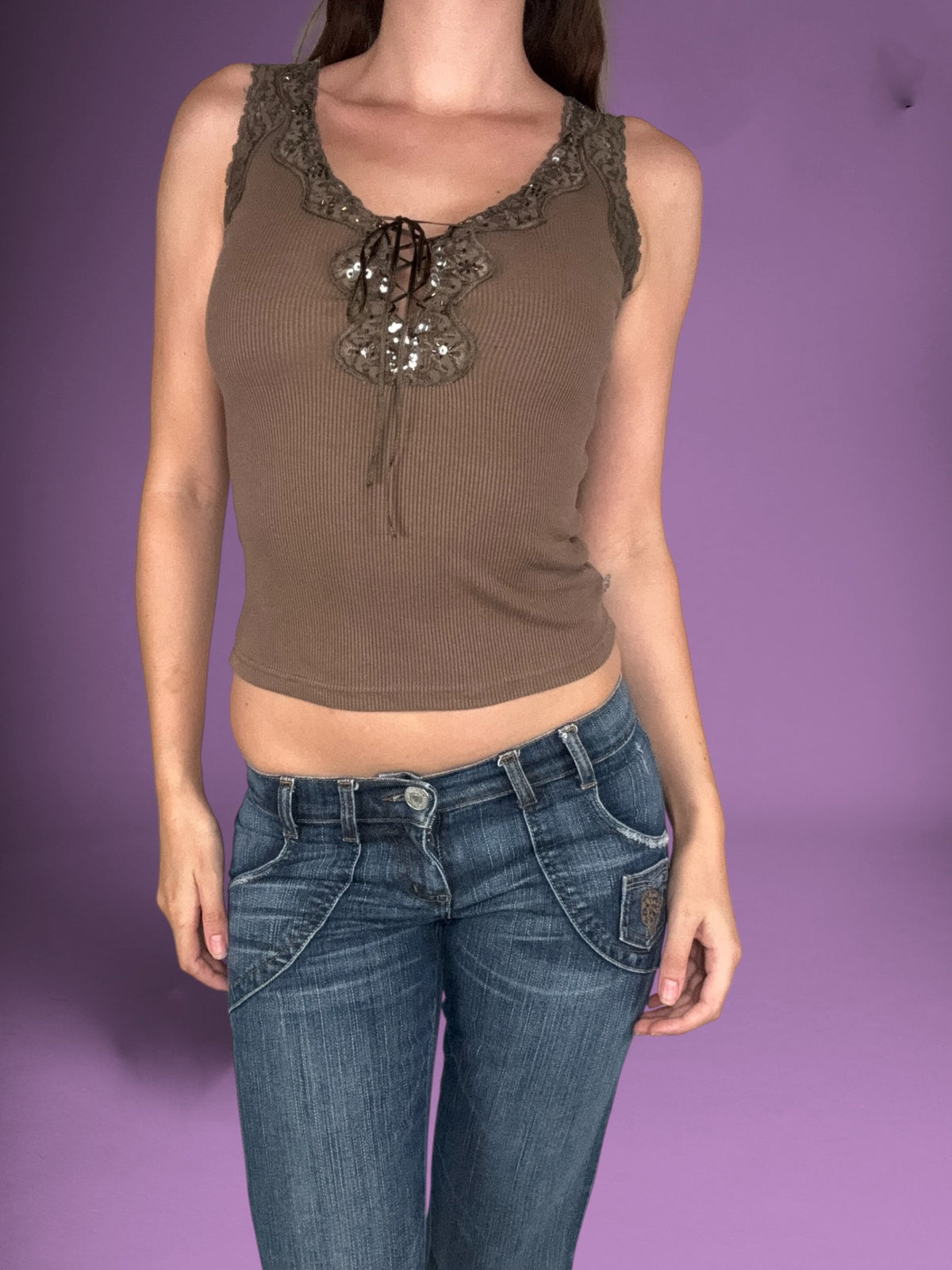 Lace Up Brown Tank ♡ S