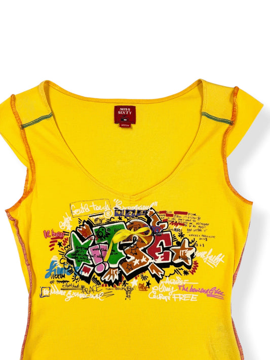 Miss Sixty Yellow Graffiti Tee ♡ M