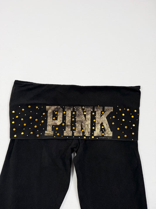 PINK Black & Gold Fold Over Waistband Flared Leggings ♡ S