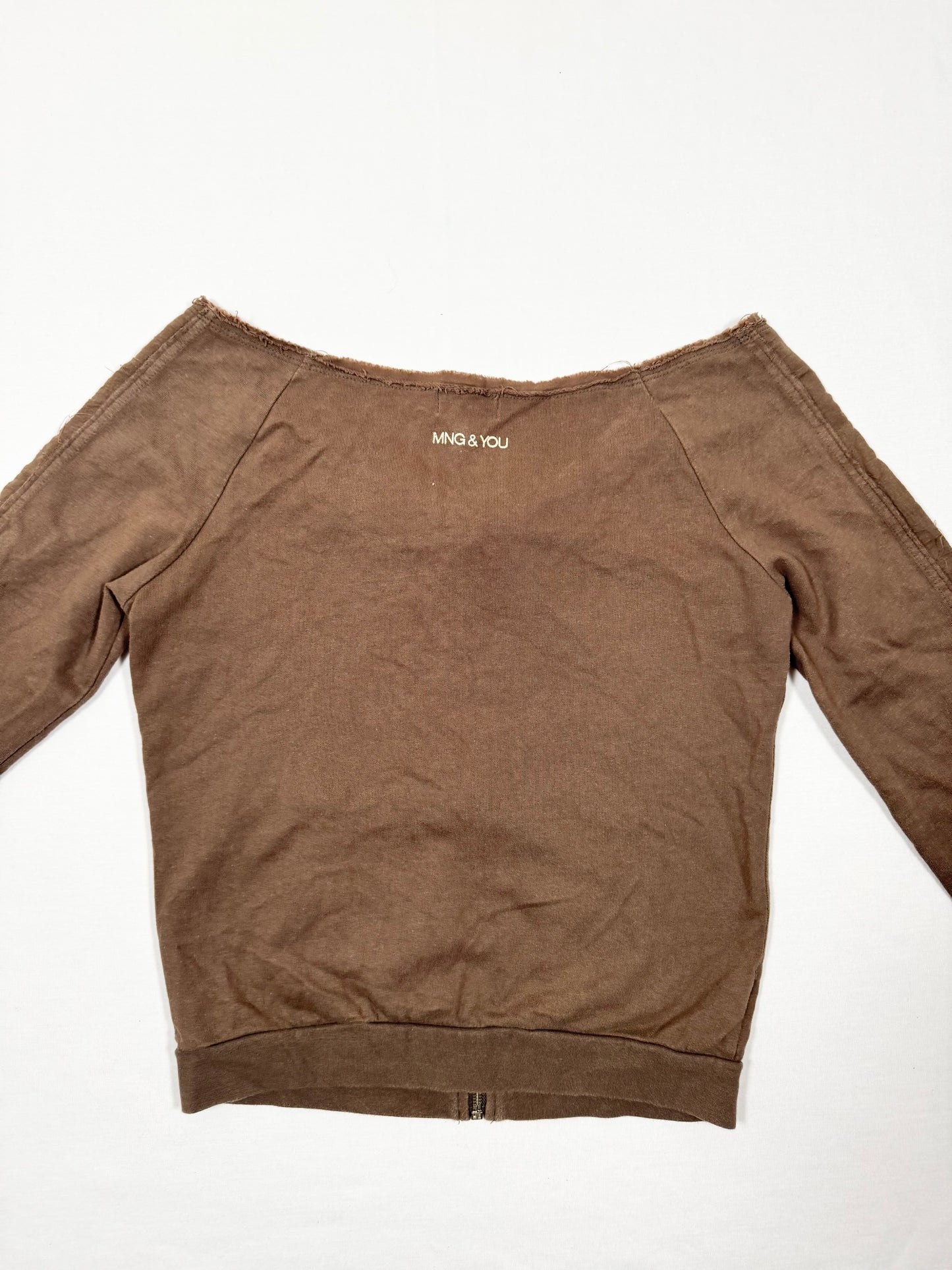 Brown Off-Shoulder Zip Up Sweater