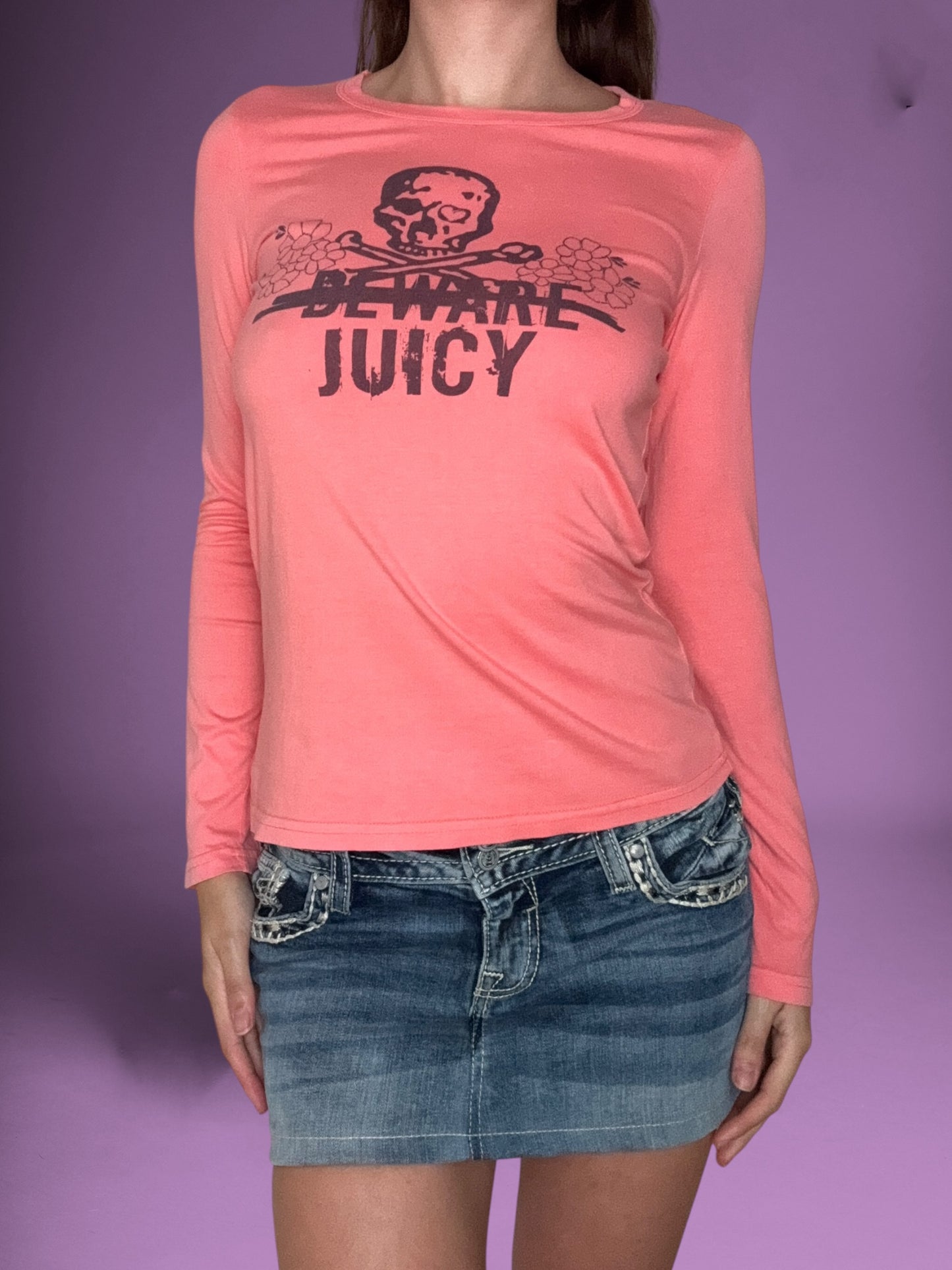 Juicy Couture Skull “Beware” Peach Long Sleeved Top ♡ M