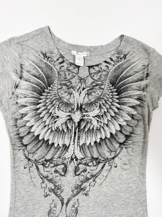 Grey Grunge Wings Cross Tee