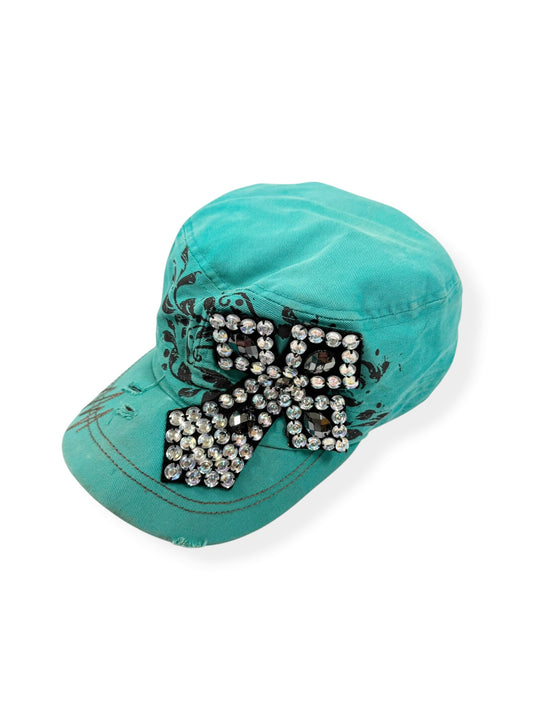 Turquoise Diamanté Cross Cap ♡