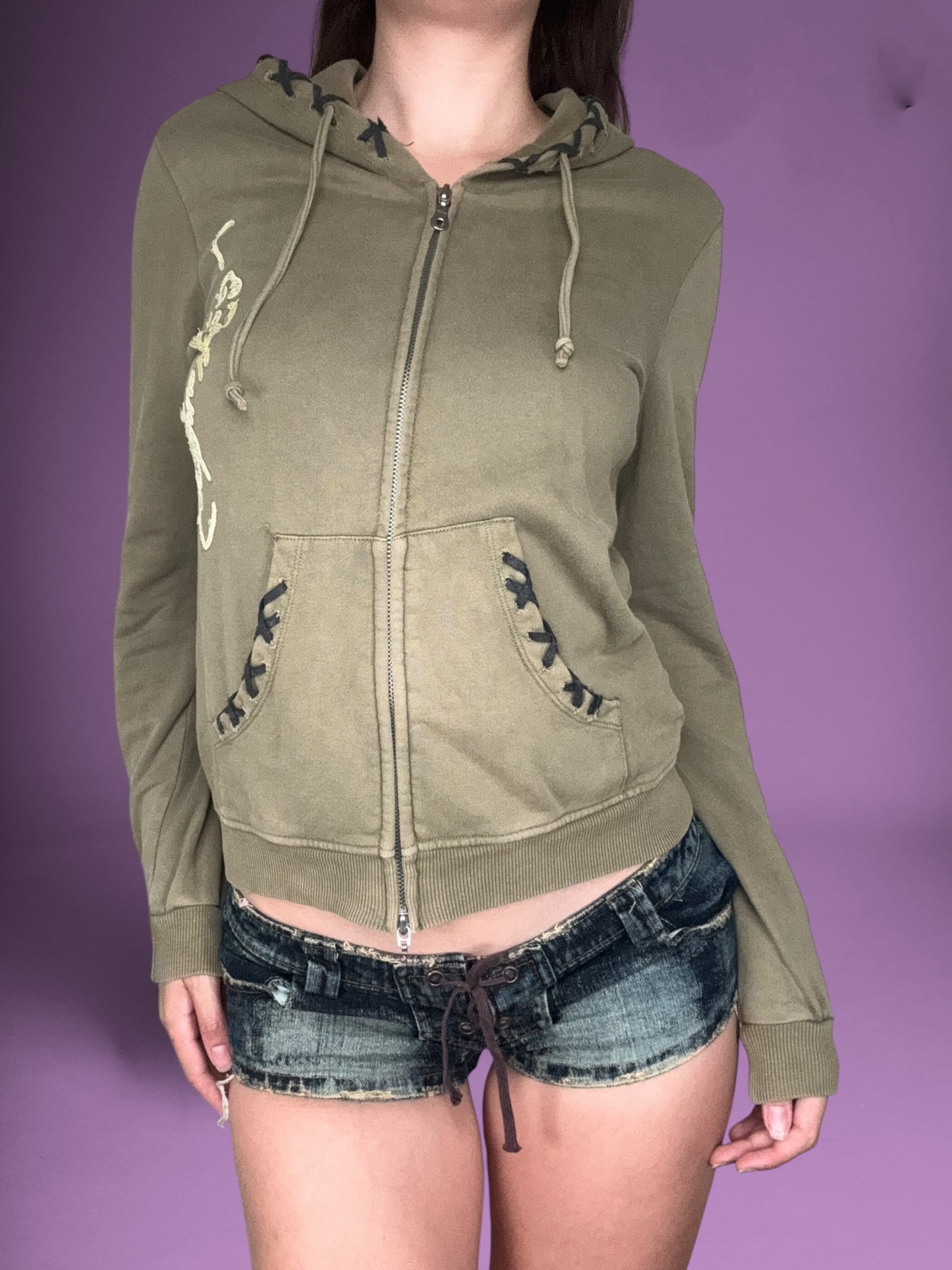Green Ed Hardy Suede Lace Trim Hoodie  ☆