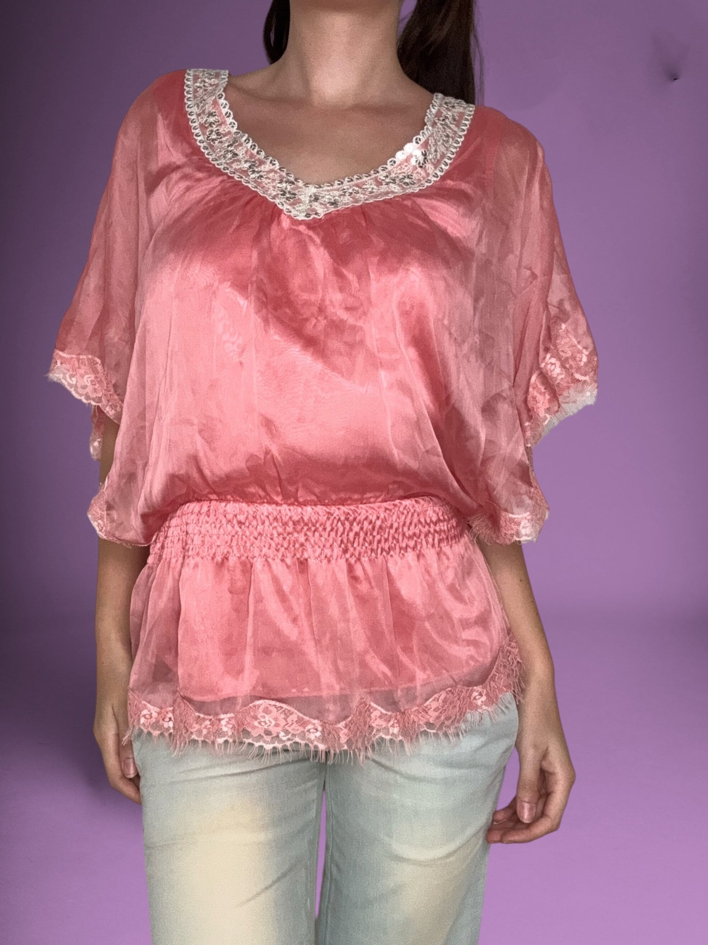 Pink Satin Batwing Top ♡ S/M