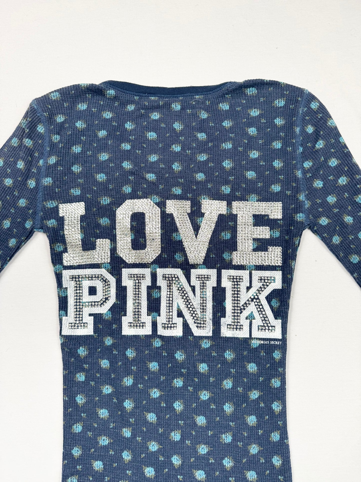 PINK Blue Flower Diamante Logo Henley Long Sleeved Top ♡ XS