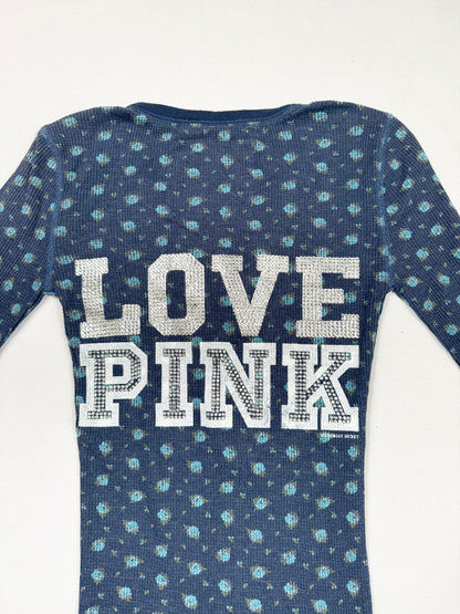 PINK Blue Flower Diamante Logo Henley Long Sleeved Top ♡ XS