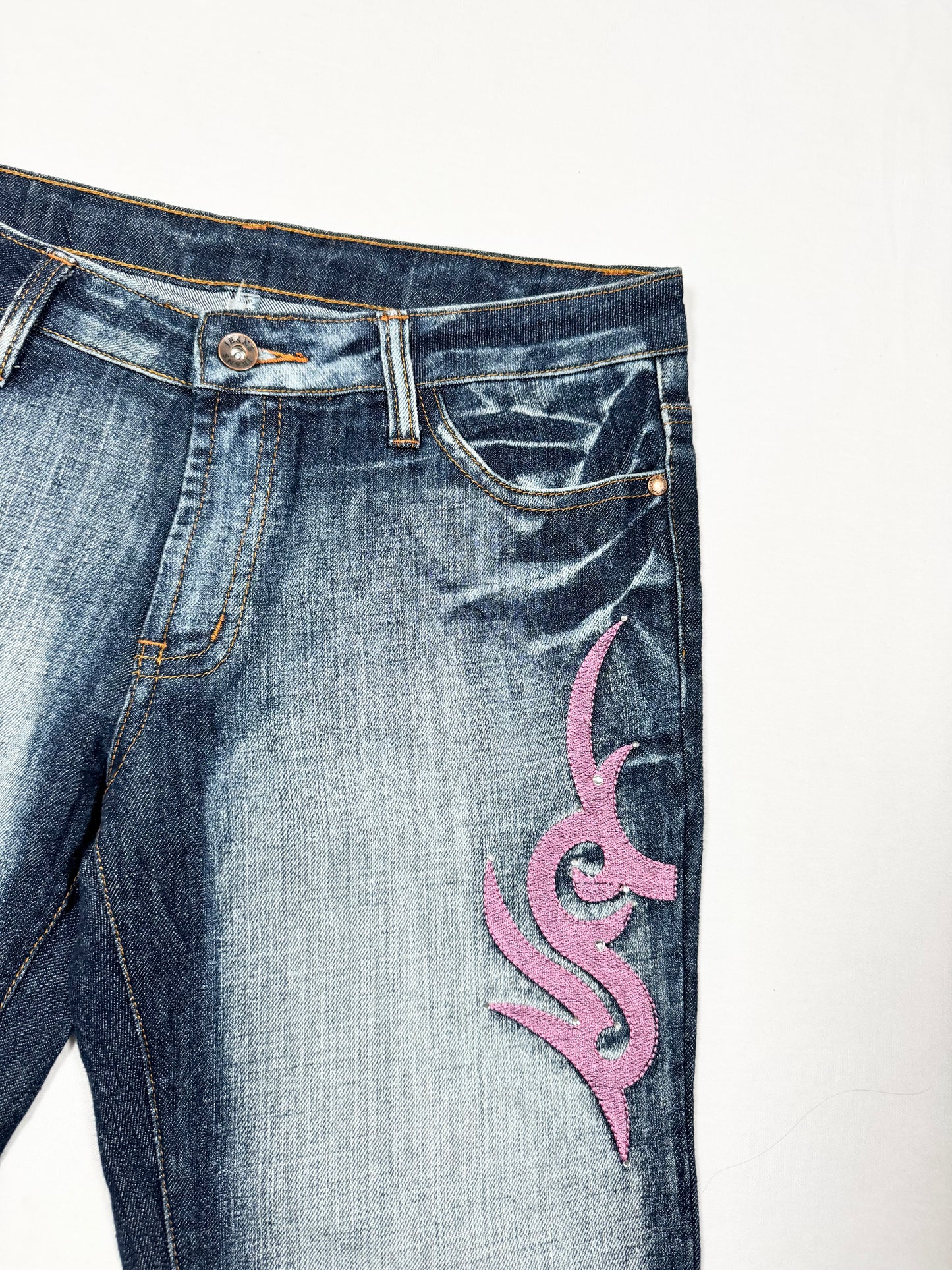 Pink Tribal Embroidered Flared Jeans ♡ Size L