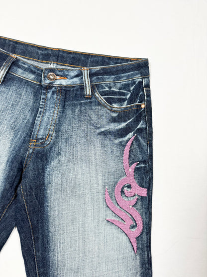Pink Tribal Embroidered Flared Jeans ♡ Size L