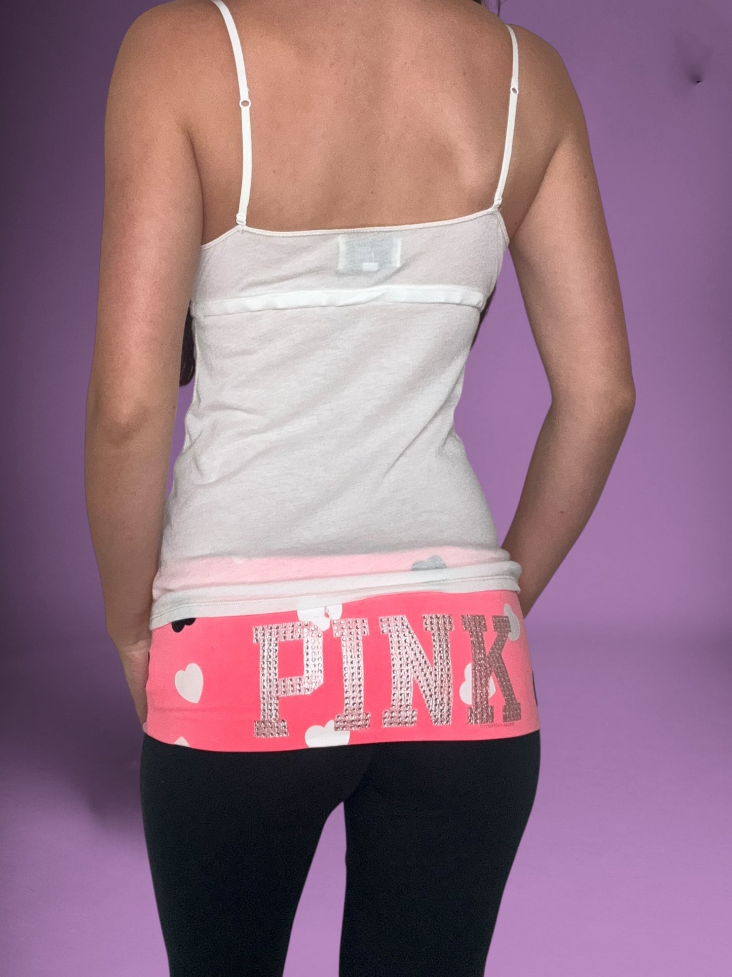 PINK Heart Diamante Logo Fold Over Flared Leggings ♡ S
