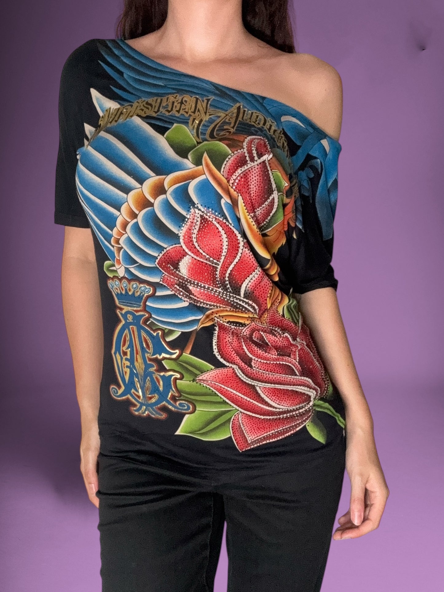 Christian Audigier Off Shoulder Tee ♡ Size M