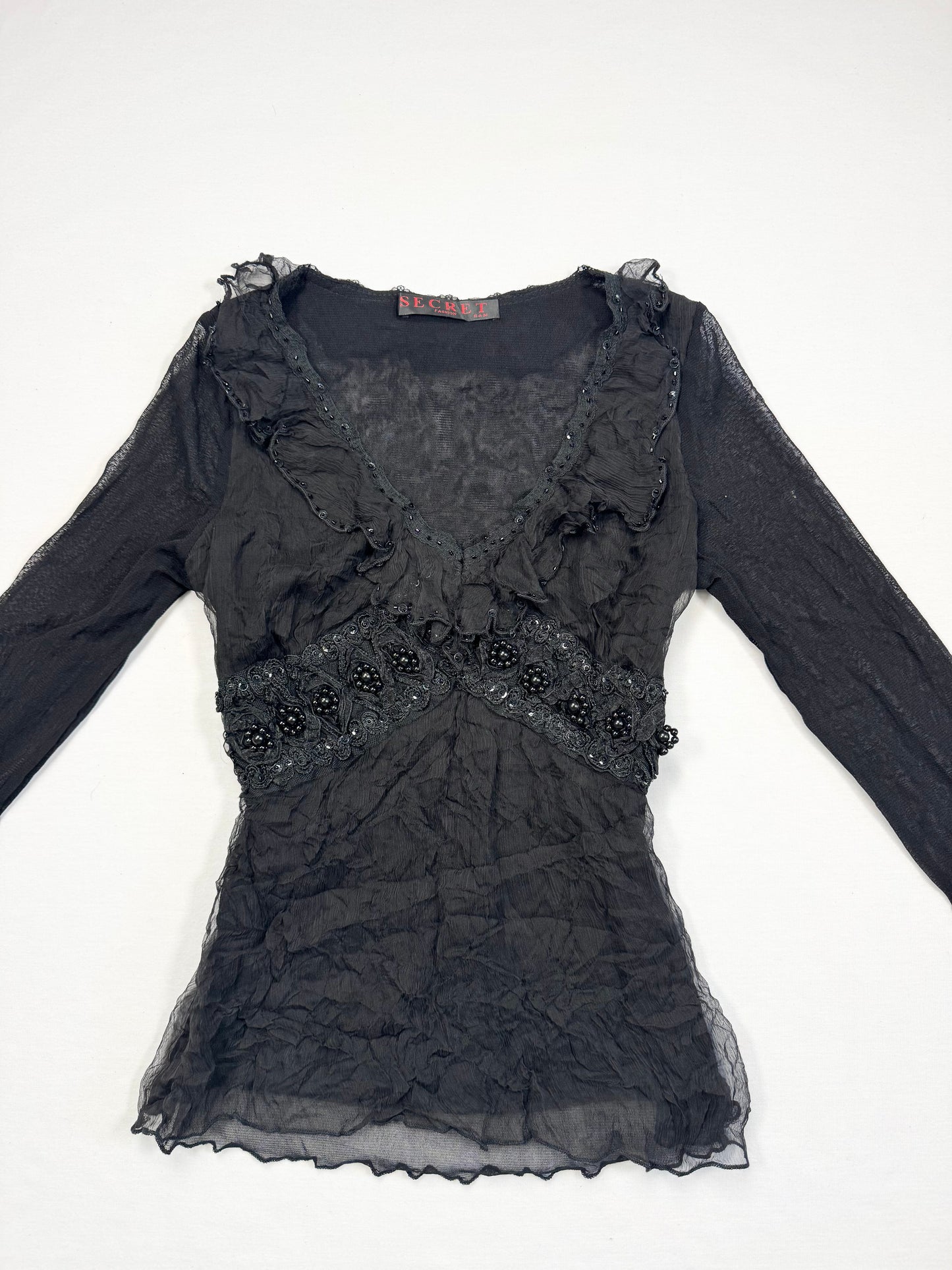 Black Mesh Beaded Long Sleeved Top ♡ S