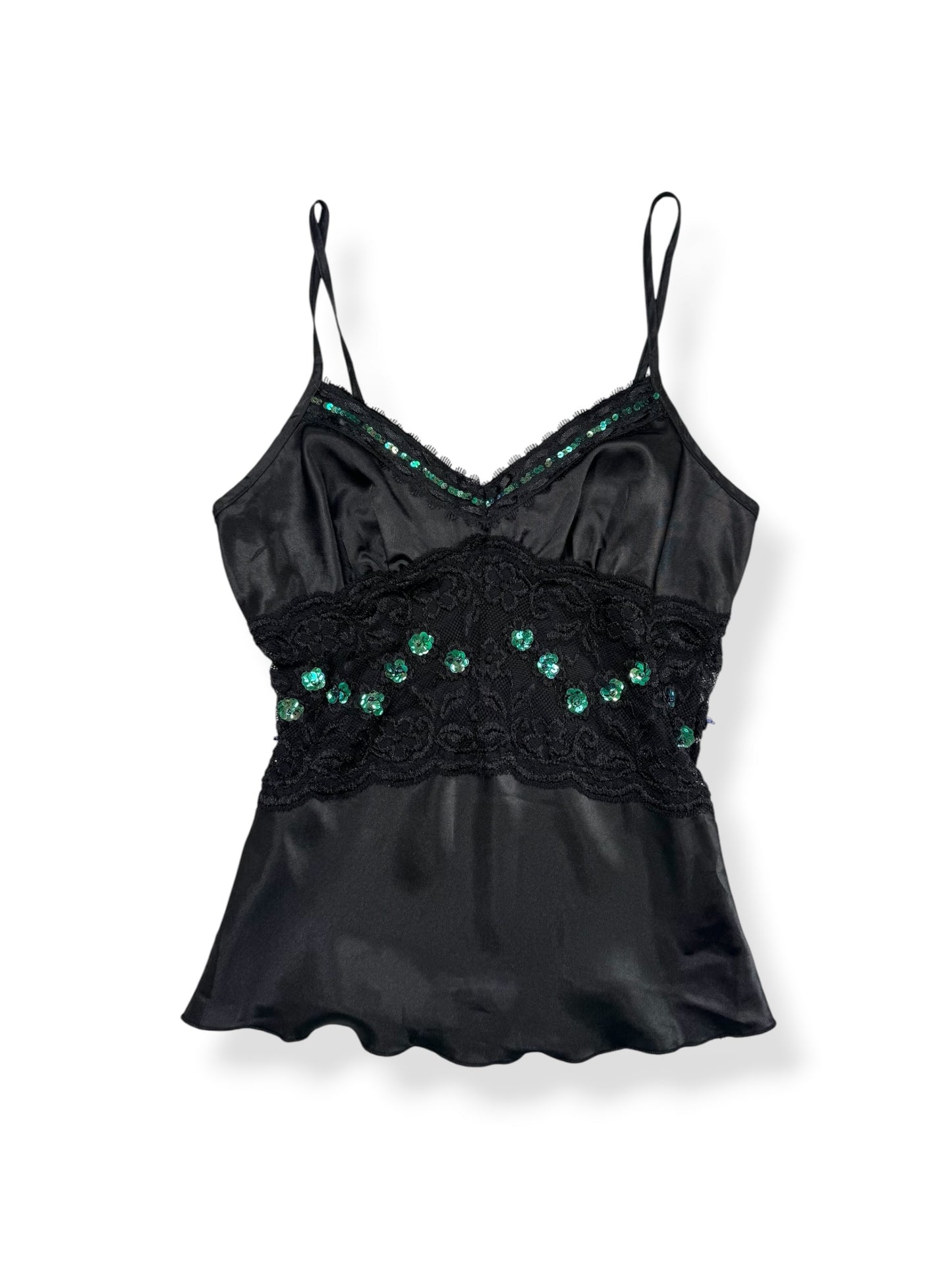 “Hotkiss” Lace Sequin Panel Black Cami ♡ M