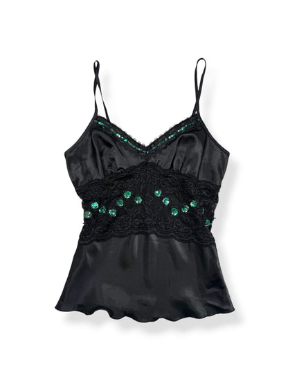 “Hotkiss” Lace Sequin Panel Black Cami ♡ M
