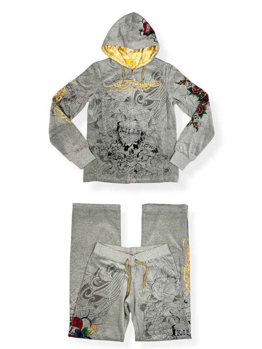 Ed Hardy Grey Velour Tracksuit ☆ S/M