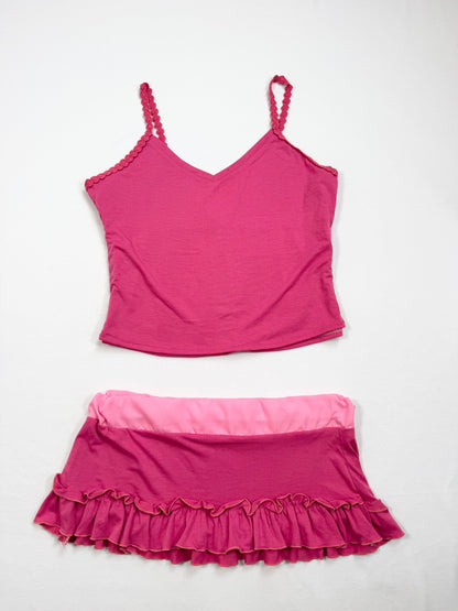 Pink Crochet Bow Cami & Micro Skirt Set ♡ M