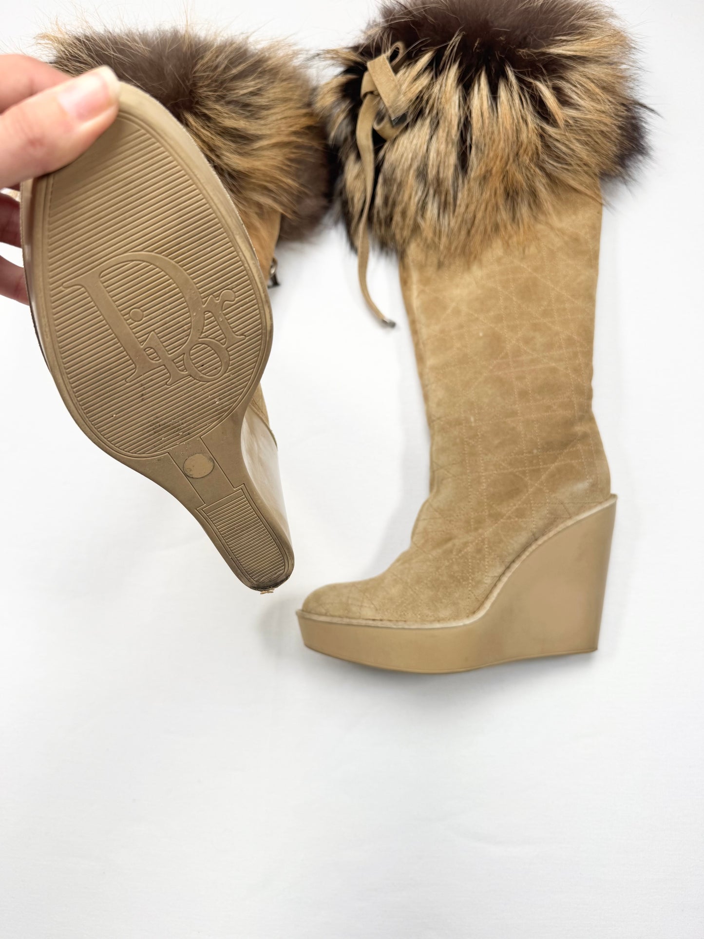 Dior Fur Trim Wedge Boots ♡ Euro 37.5