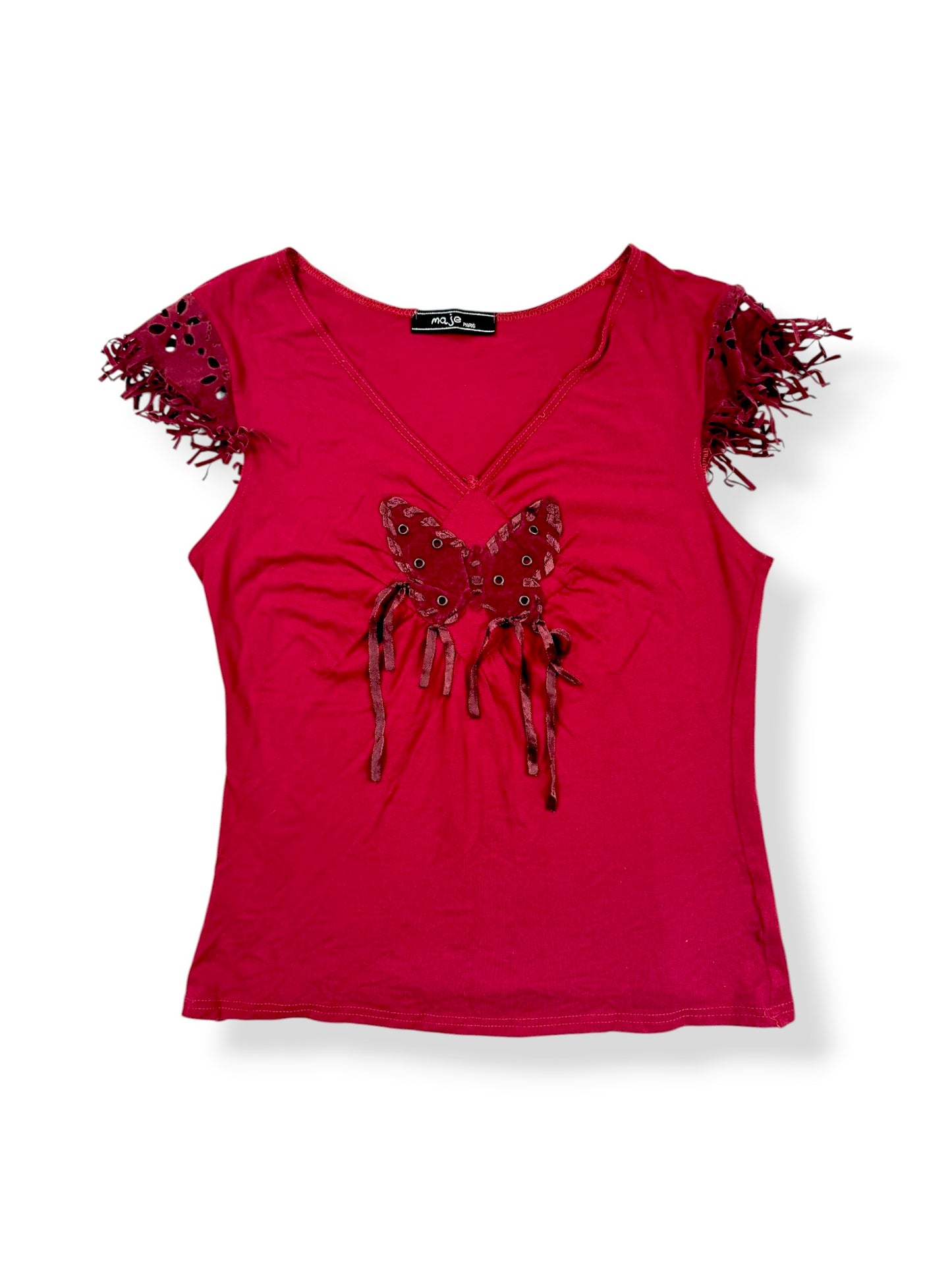 Red Suede Butterfly Fringe Tee ♡ S