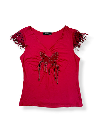 Red Suede Butterfly Fringe Tee ♡ S