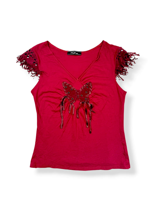 Red Suede Butterfly Fringe Tee ♡ S