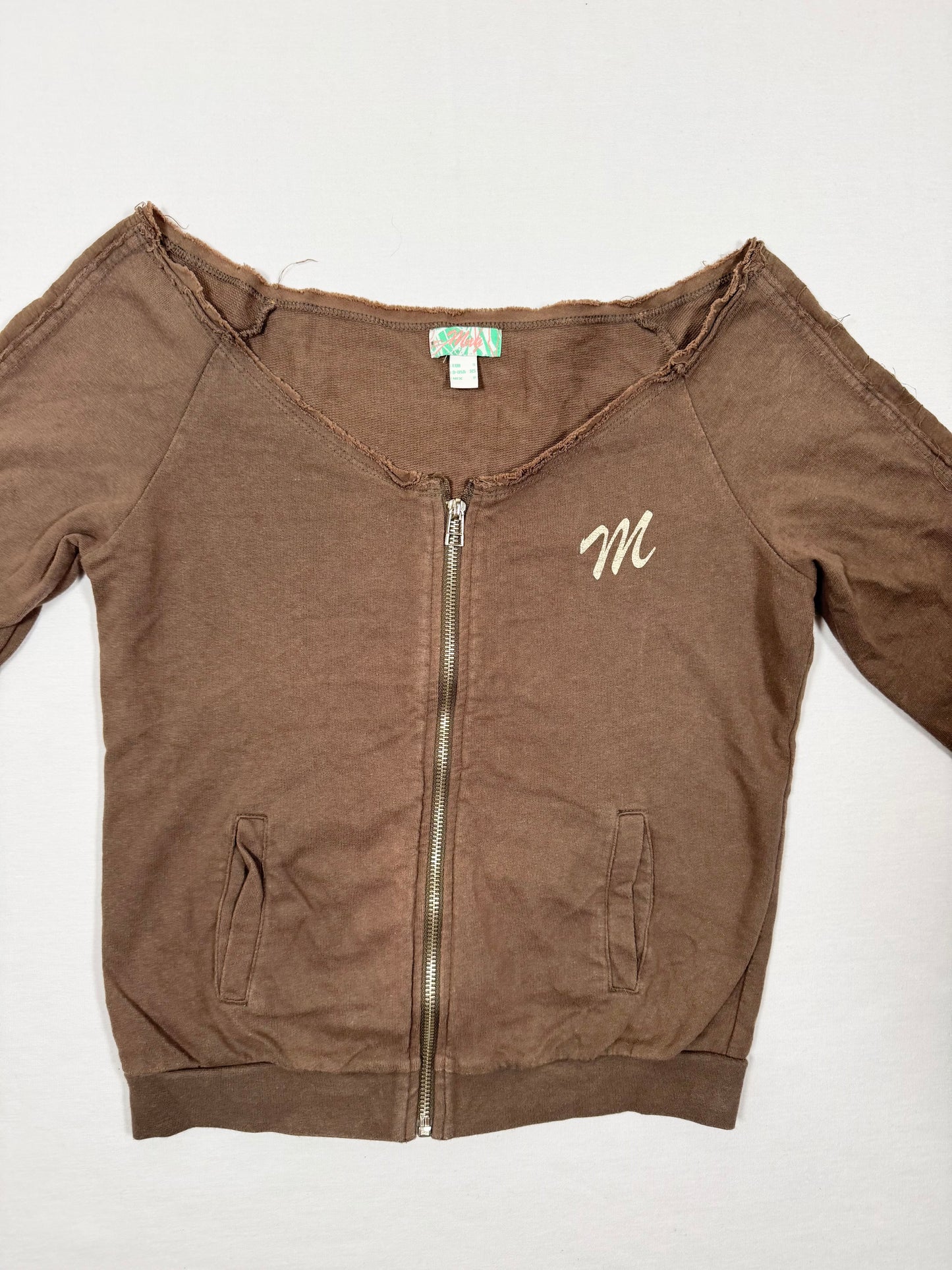 Brown Off-Shoulder Zip Up Sweater