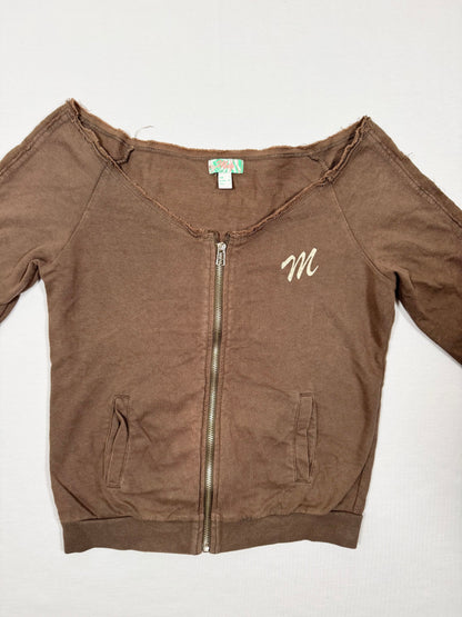 Brown Off-Shoulder Zip Up Sweater