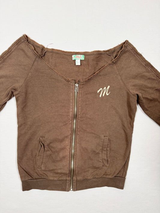 Brown Off-Shoulder Zip Up Sweater