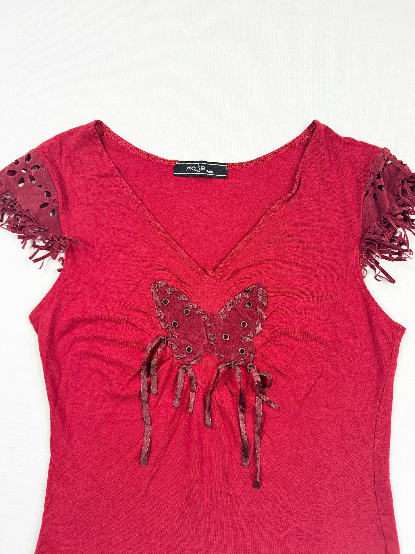 Red Suede Butterfly Fringe Tee ♡ S