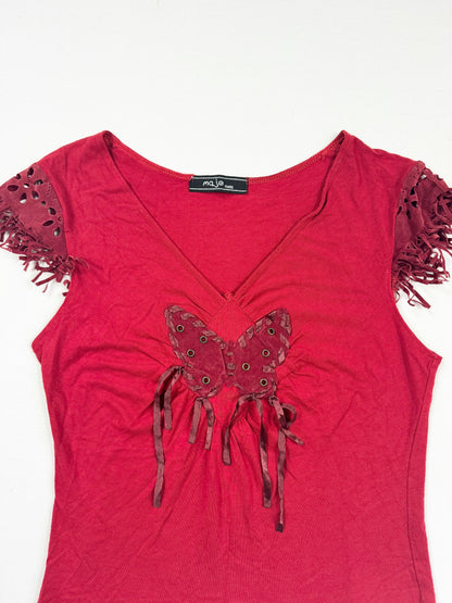 Red Suede Butterfly Fringe Tee ♡ S