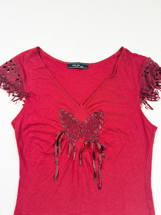 Red Suede Butterfly Fringe Tee ♡ S