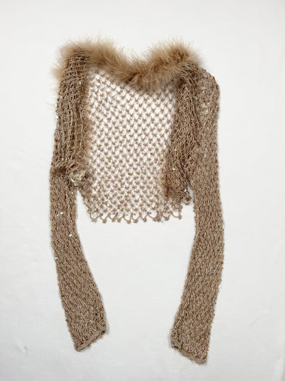 Crochet Sequin Fur Trim Cardigan ♡ S/M
