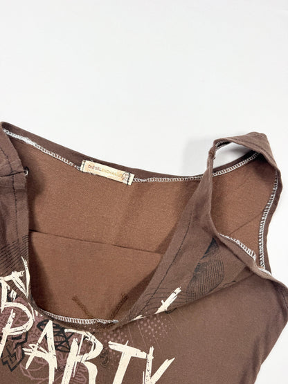 Diesel “Peace Love & Party” Brown One Shoulder Tank ♡ XS