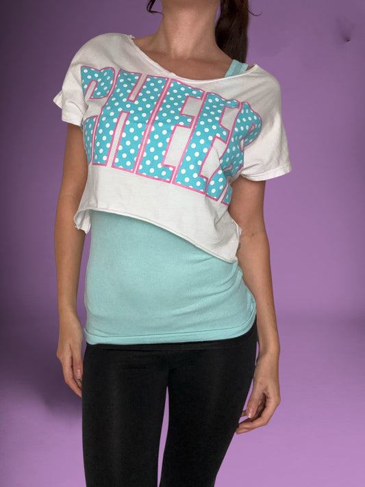 CHEER Pink & Blue Polka Cropped Off Shoulder Top ♡ L