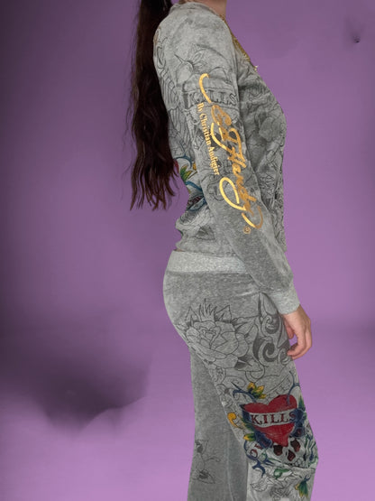 Ed Hardy Grey Velour Tracksuit ♡ Size M