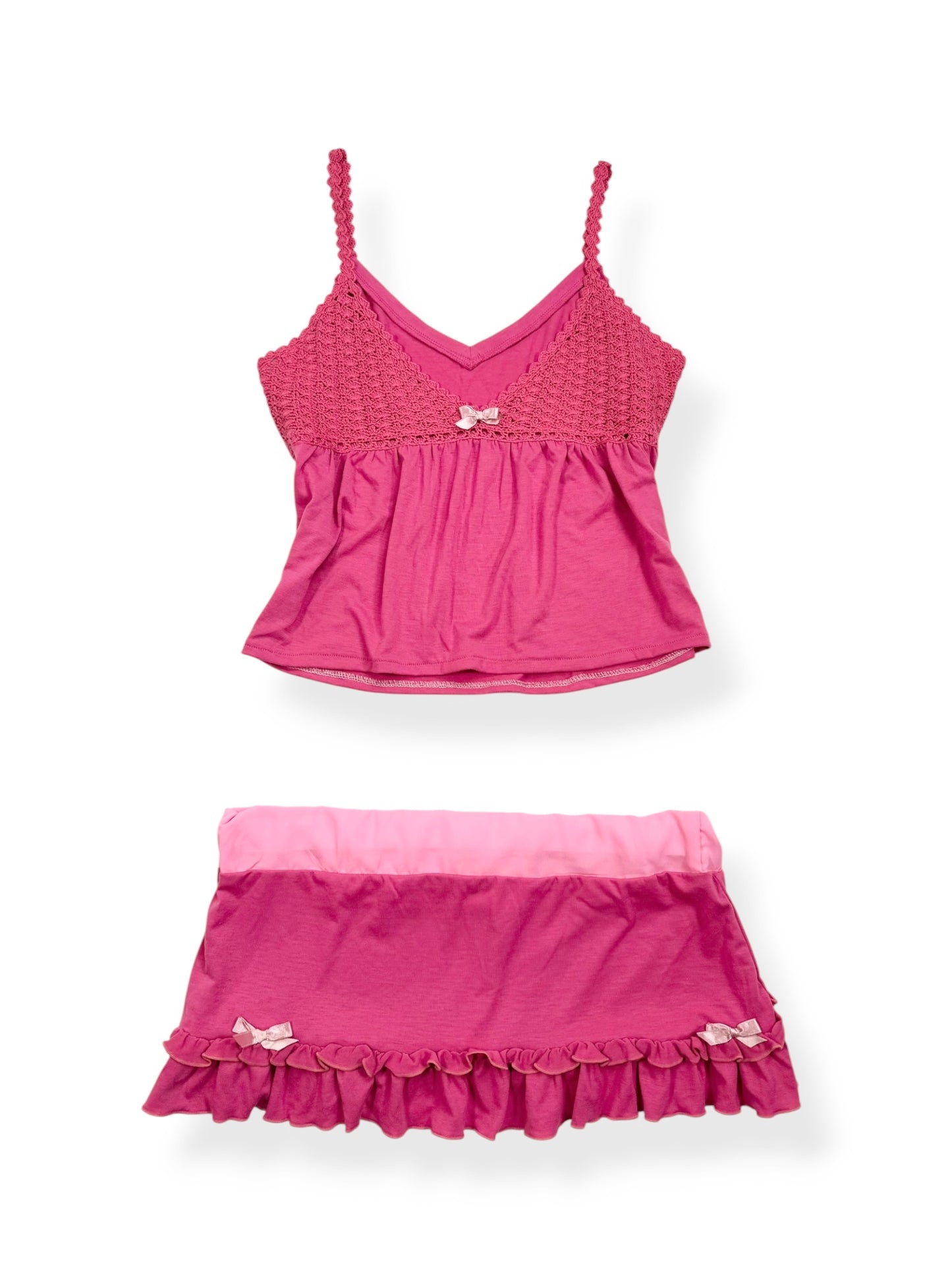 Pink Crochet Bow Cami & Micro Skirt Set ♡ M