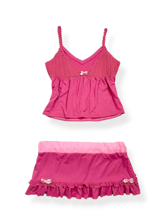 Pink Crochet Bow Cami & Micro Skirt Set ♡ M