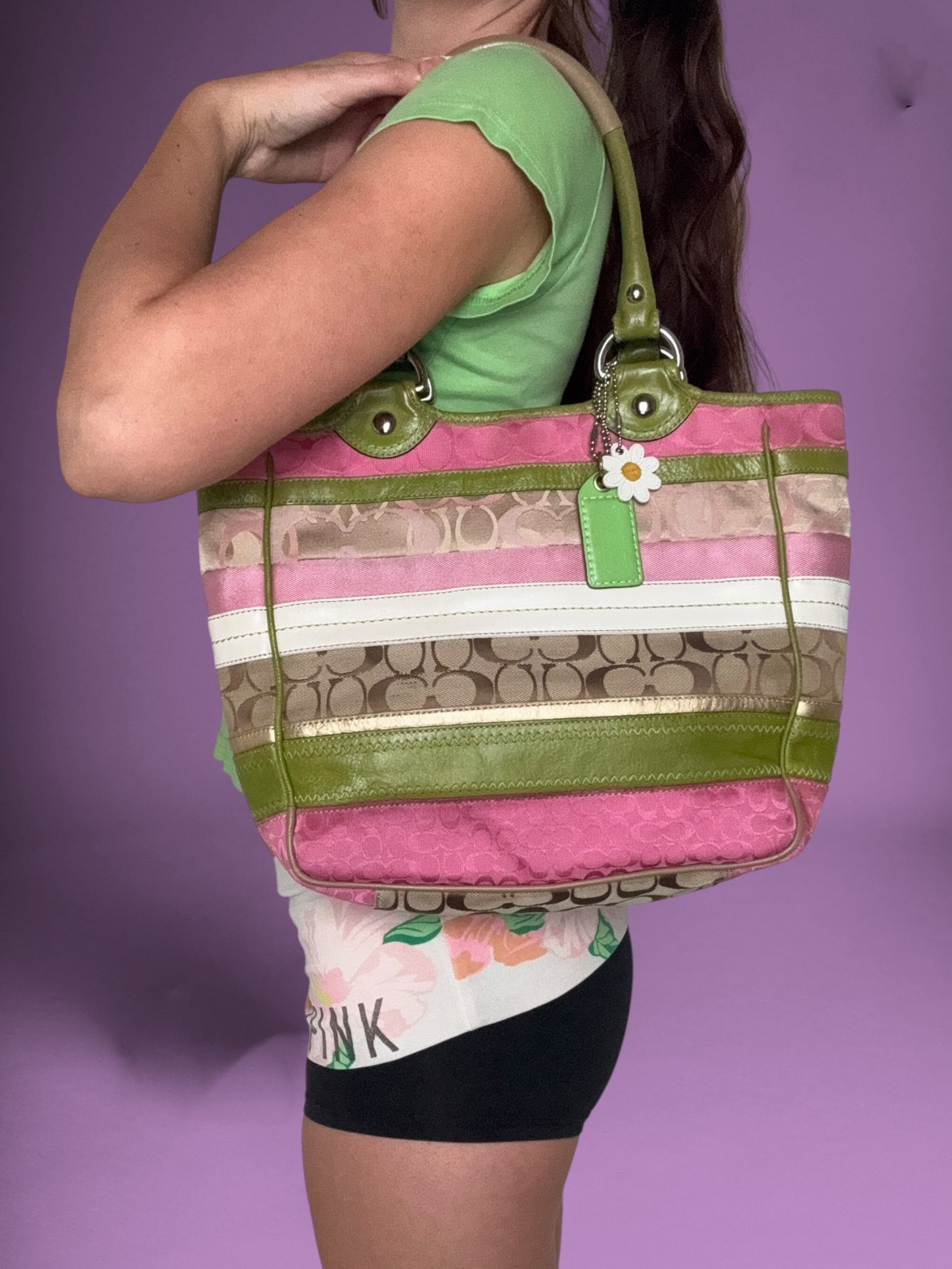 Striped Pink & Green Coach Spring Bleecker Bag ♡