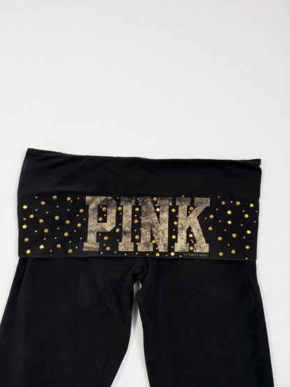 PINK Black & Gold Fold Over Waistband Flared Leggings ♡ S