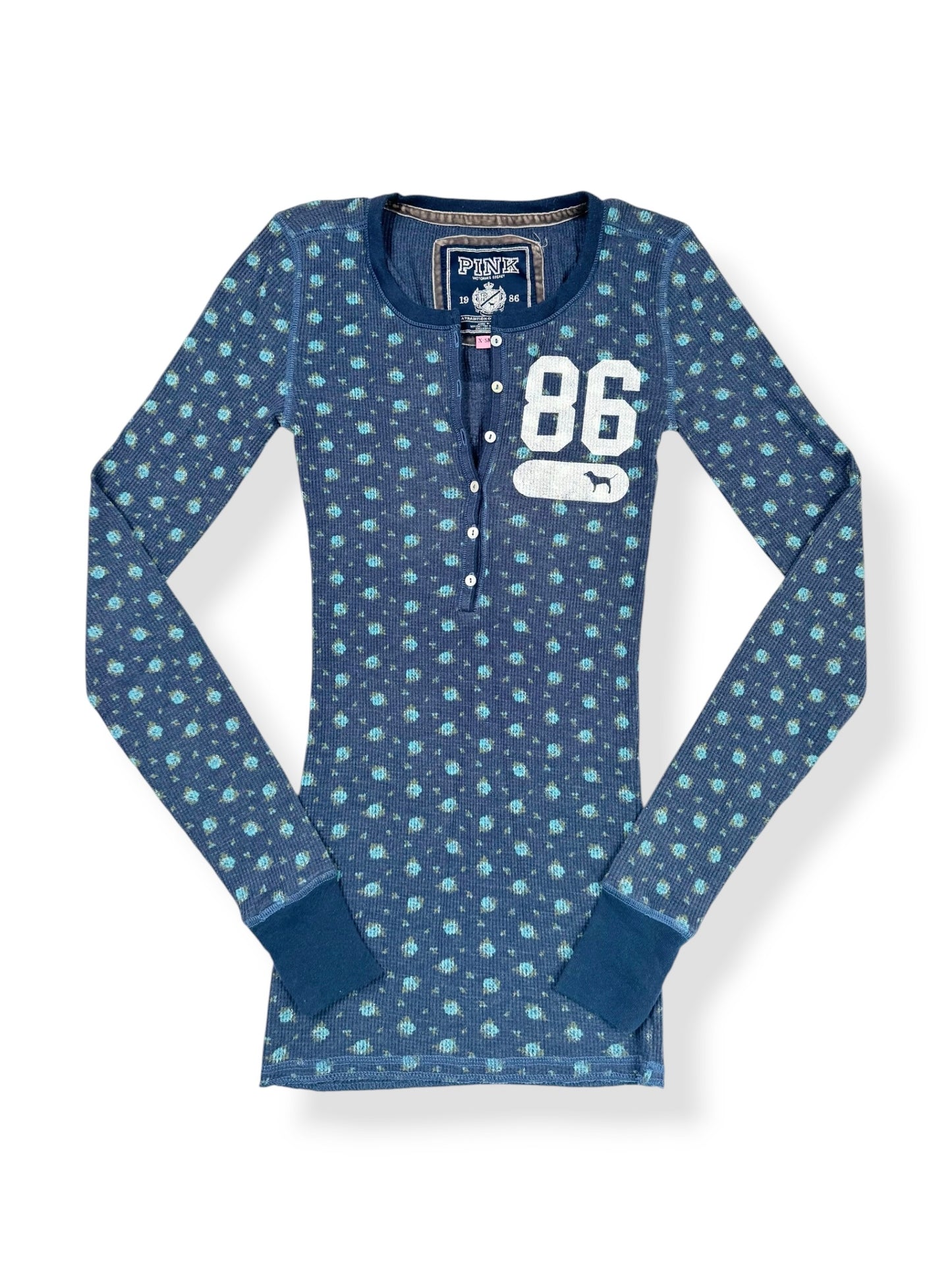 PINK Blue Flower Diamante Logo Henley Long Sleeved Top ♡ XS