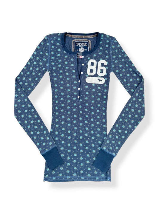PINK Blue Flower Diamante Logo Henley Long Sleeved Top ♡ XS