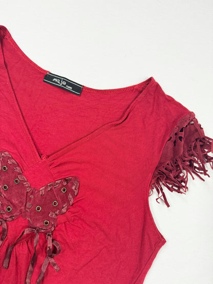 Red Suede Butterfly Fringe Tee ♡ S