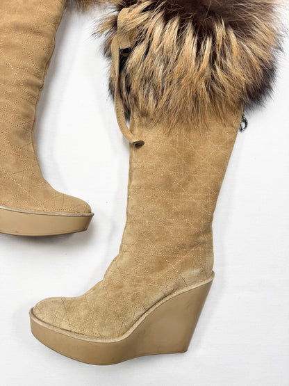 Dior Fur Trim Wedge Boots ♡ Euro 37.5