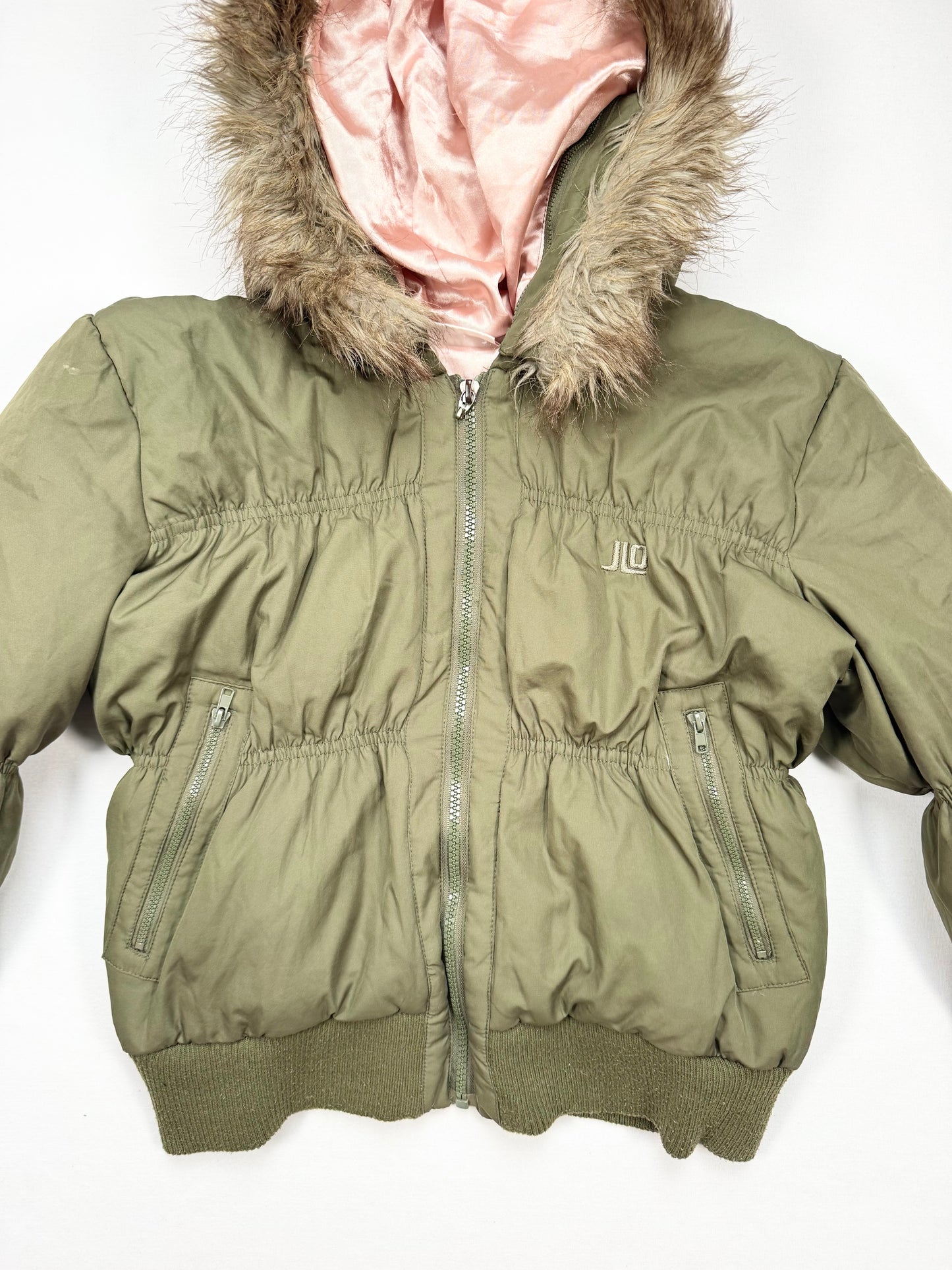 JLO Khaki Cropped Fur Hood Puffer Jacket ♡ S