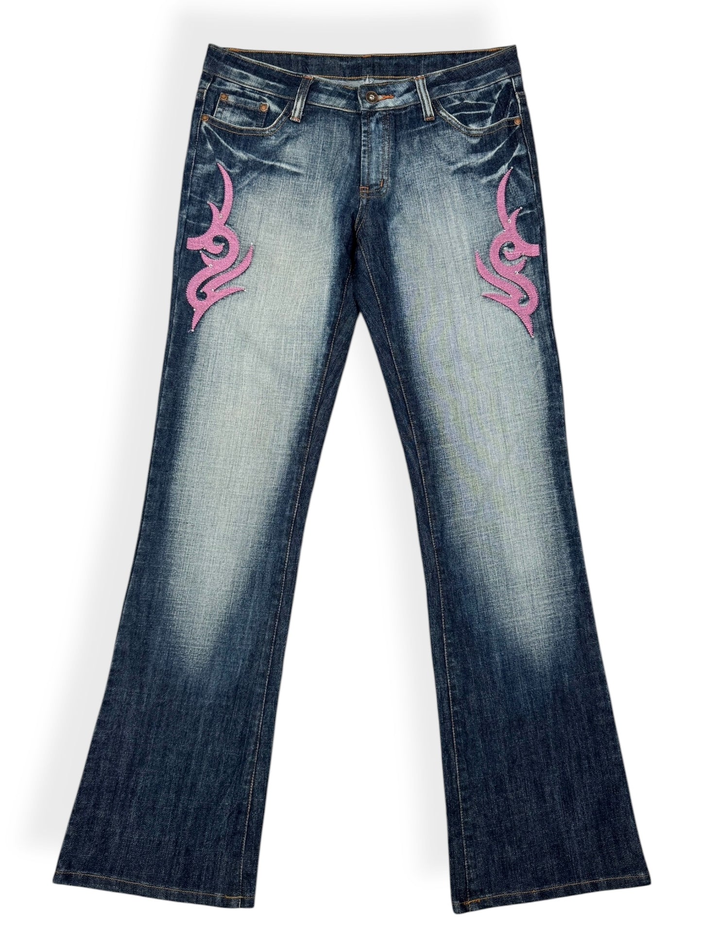 Pink Tribal Embroidered Flared Jeans ♡ Size L