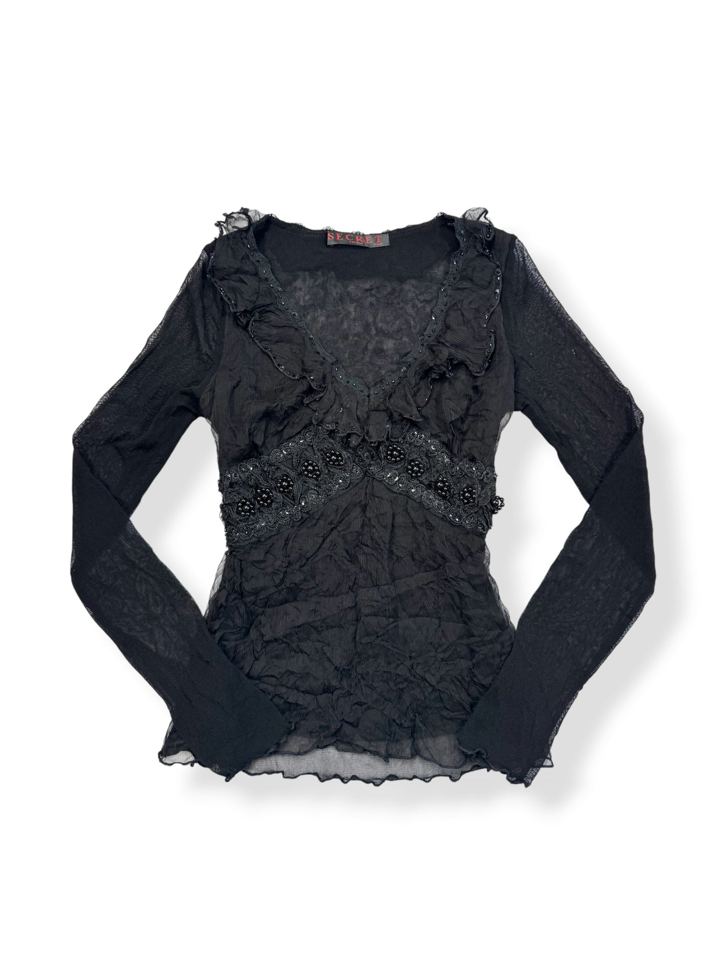 Black Mesh Beaded Long Sleeved Top ♡ S