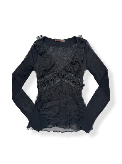 Black Mesh Beaded Long Sleeved Top ♡ S