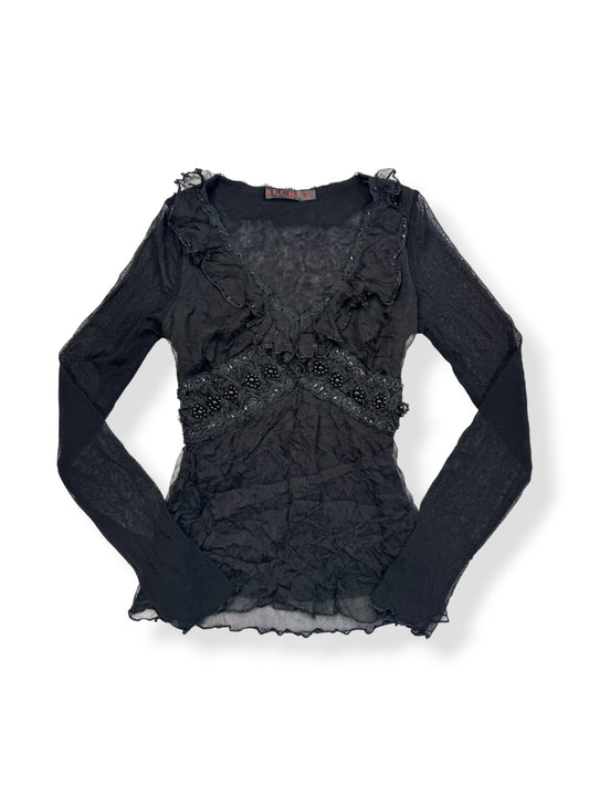 Black Mesh Beaded Long Sleeved Top ♡ S