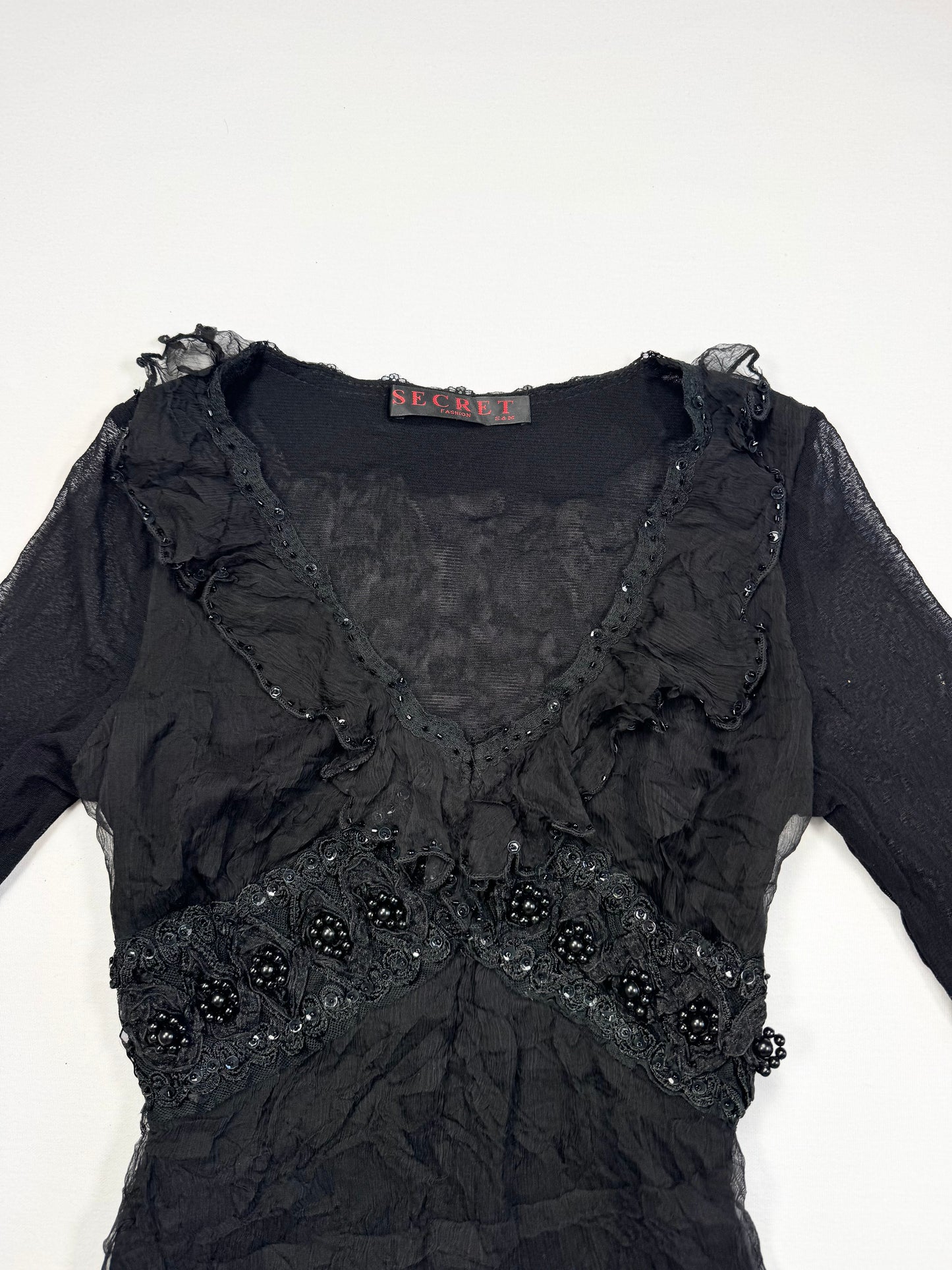 Black Mesh Beaded Long Sleeved Top ♡ S