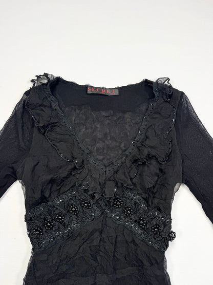 Black Mesh Beaded Long Sleeved Top ♡ S